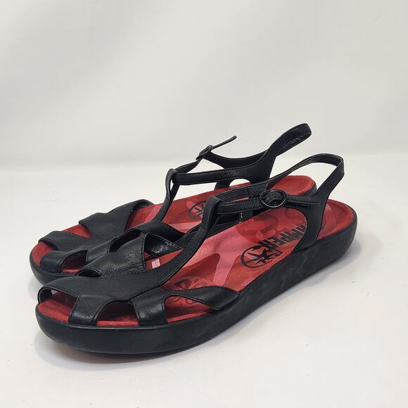 Camper Women Black Leather Ankle Strap Sandal Size 40 US 9 Peep Toe Red Insole - Picture 4 of 9